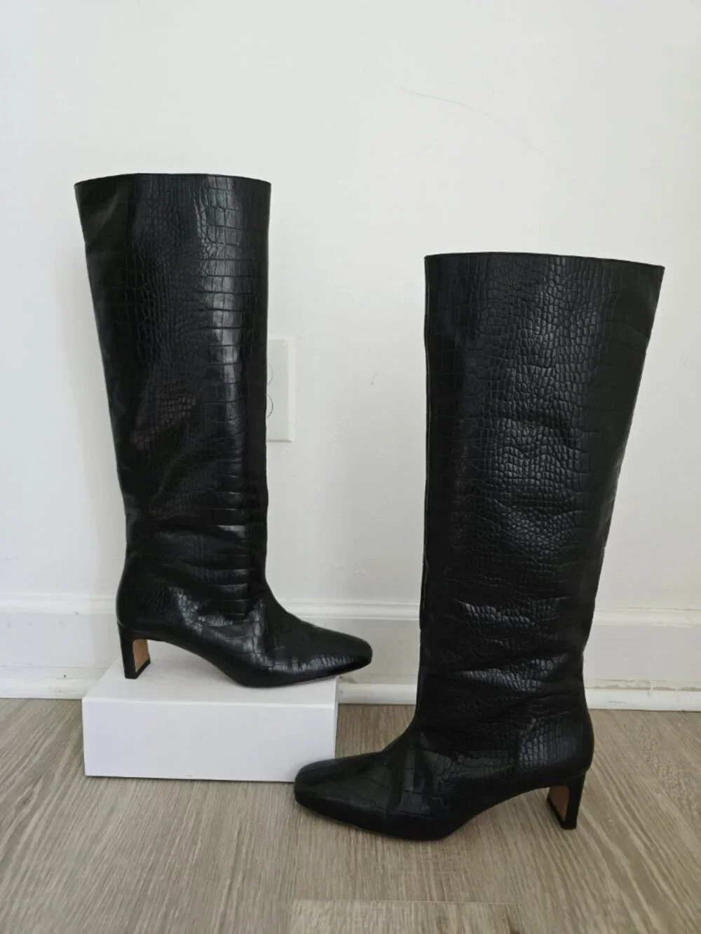 Anine Bing Felicia Croc Embossed Tall Knee Heeled Boots 41 11 Black Leather